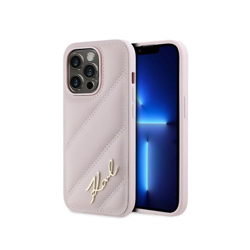 Husa iPhone 14 Pro Karl Lagerfeld Diagonal Quilted Script, roz, KLHCP14LPQDSMGP