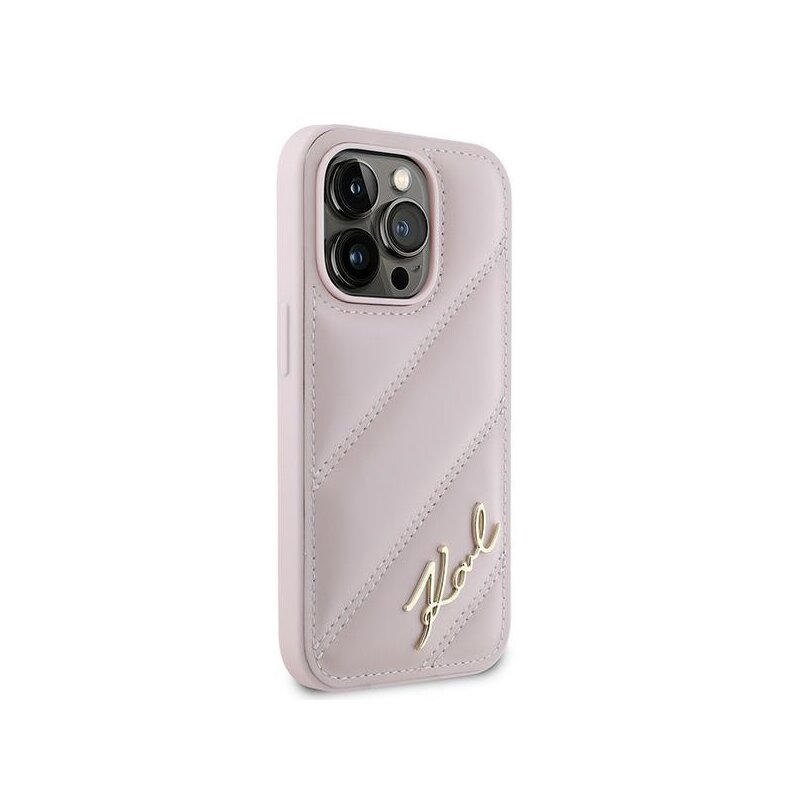 Husa iPhone 14 Pro Karl Lagerfeld Diagonal Quilted Script, roz, KLHCP14LPQDSMGP