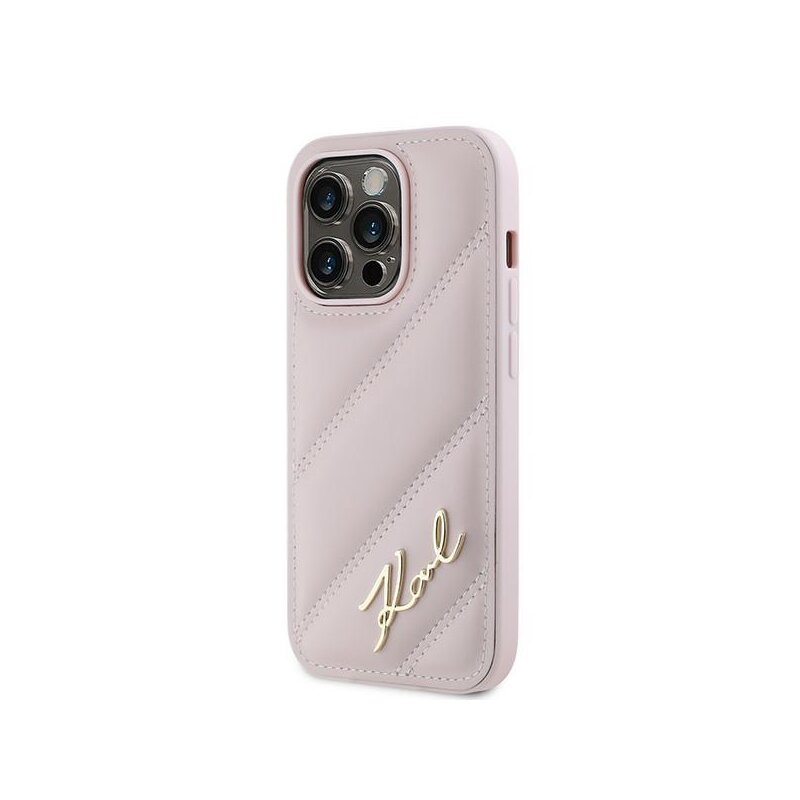Husa iPhone 14 Pro Karl Lagerfeld Diagonal Quilted Script, roz, KLHCP14LPQDSMGP