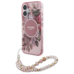 Husa iPhone 16 originala Guess IML Flowers with Pearl Strap MagSafe, roz, GUHMP16SHFWBRCESP
