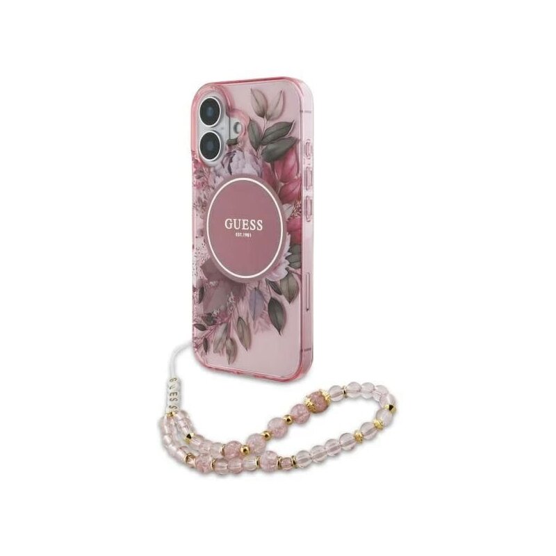 Husa iPhone 16 originala Guess IML Flowers with Pearl Strap MagSafe, roz, GUHMP16SHFWBRCESP