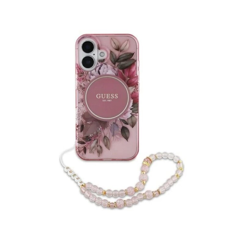 Husa iPhone 16 originala Guess IML Flowers with Pearl Strap MagSafe, roz, GUHMP16SHFWBRCESP