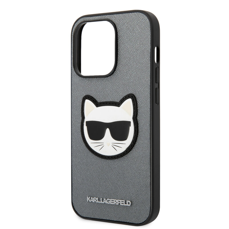 Husa originala iPhone 14 Pro Karl Lagerfeld Saffiano, Choupette Head, argintiu, KLHCP14LSAPCHG