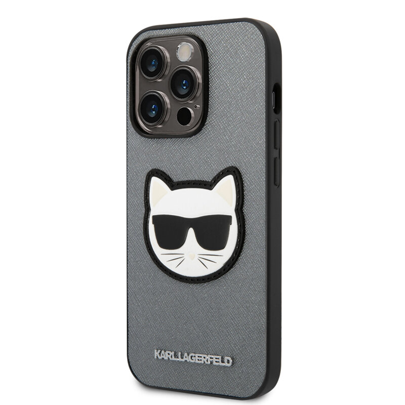 Husa originala iPhone 14 Pro Karl Lagerfeld Saffiano, Choupette Head, argintiu, KLHCP14LSAPCHG