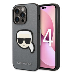 Husa originala iPhone 14 Pro Karl Lagerfeld Saffiano, Karl`s Head, argintiu, KLHCP14LSAPKHG
