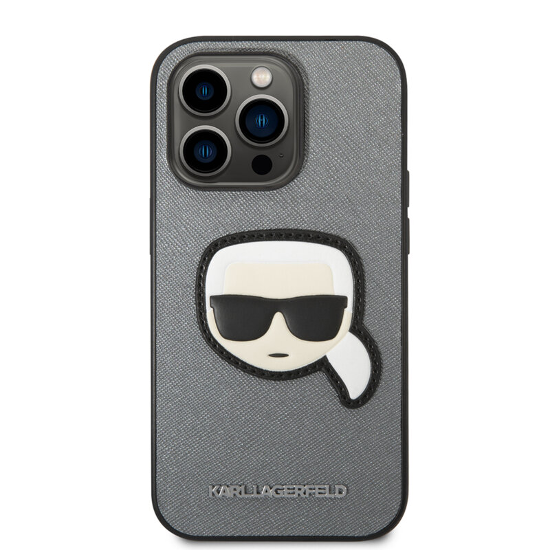 Husa originala iPhone 14 Pro Karl Lagerfeld Saffiano, Karl`s Head, argintiu, KLHCP14LSAPKHG