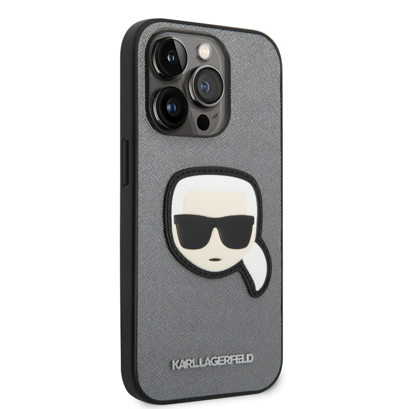 Husa originala iPhone 14 Pro Karl Lagerfeld Saffiano, Karl`s Head, argintiu, KLHCP14LSAPKHG