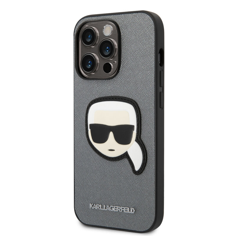 Husa originala iPhone 14 Pro Karl Lagerfeld Saffiano, Karl`s Head, argintiu, KLHCP14LSAPKHG