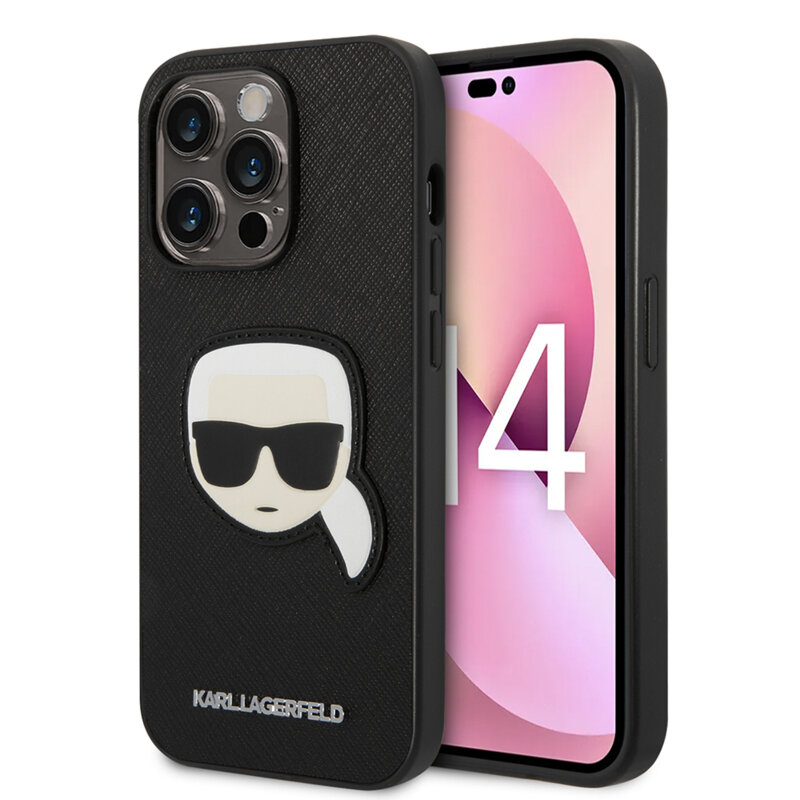 Husa originala iPhone 14 Pro Karl Lagerfeld Saffiano, Karl`s Head, negru, KLHCP14LSAPKHK