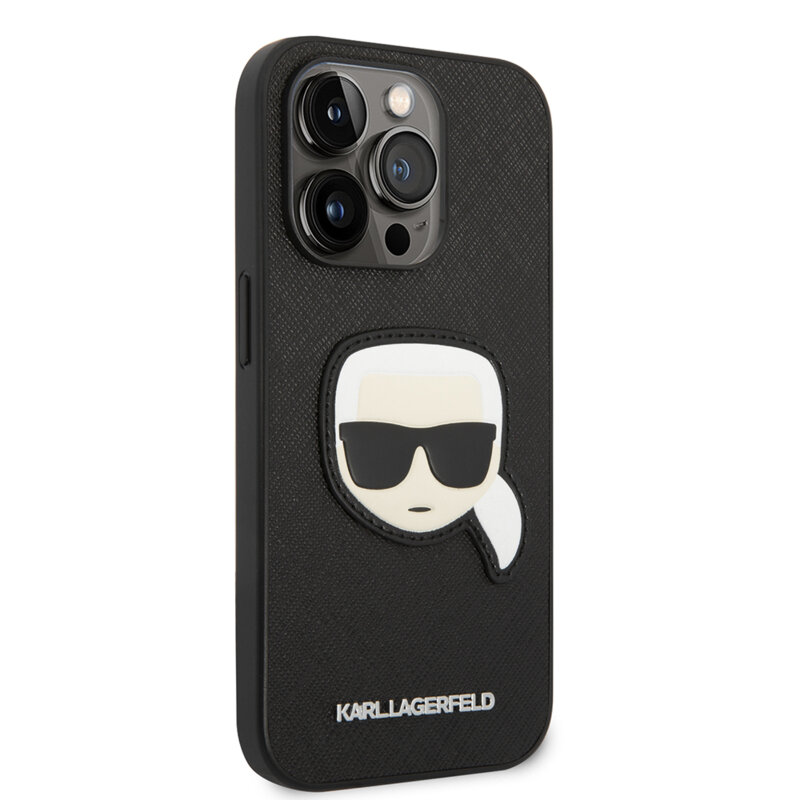 Husa originala iPhone 14 Pro Karl Lagerfeld Saffiano, Karl`s Head, negru, KLHCP14LSAPKHK
