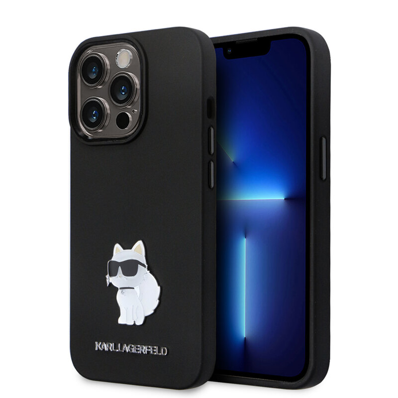 Husa Karl Lagerfeld iPhone 14 Pro Silicone, Choupette Metal Pin, negru, KLHCP14LSMHCNPK