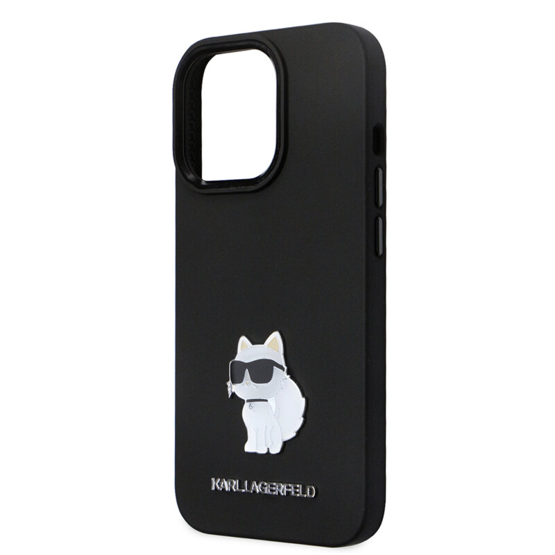 Husa Karl Lagerfeld iPhone 14 Pro Silicone, Choupette Metal Pin, negru, KLHCP14LSMHCNPK