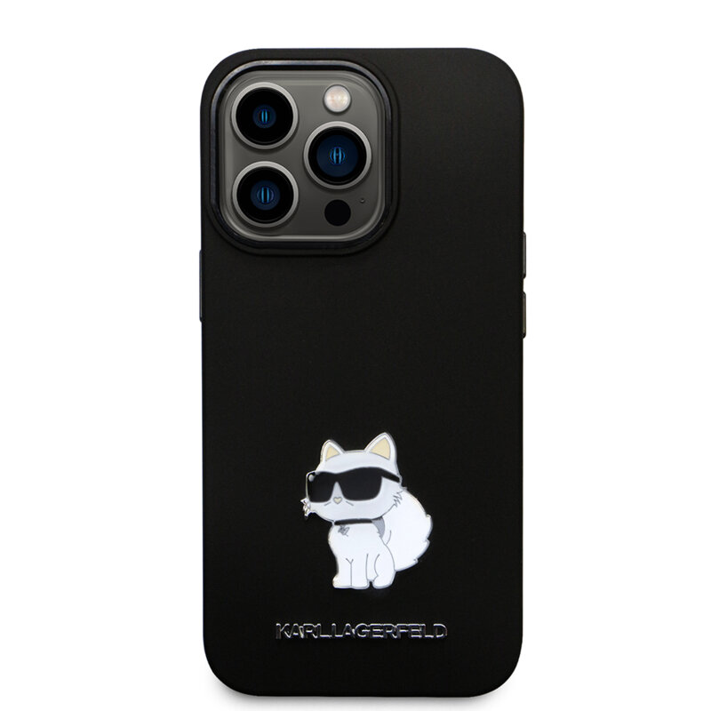 Husa Karl Lagerfeld iPhone 14 Pro Silicone, Choupette Metal Pin, negru, KLHCP14LSMHCNPK