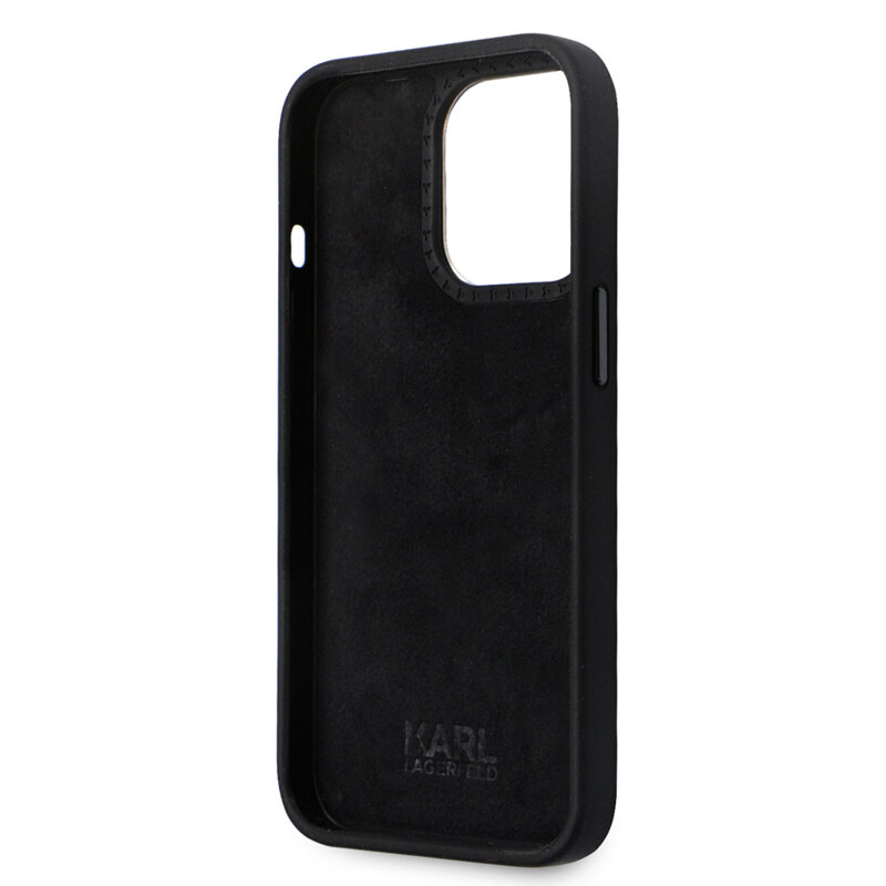 Husa Karl Lagerfeld iPhone 14 Pro Silicone, Choupette Metal Pin, negru, KLHCP14LSMHCNPK