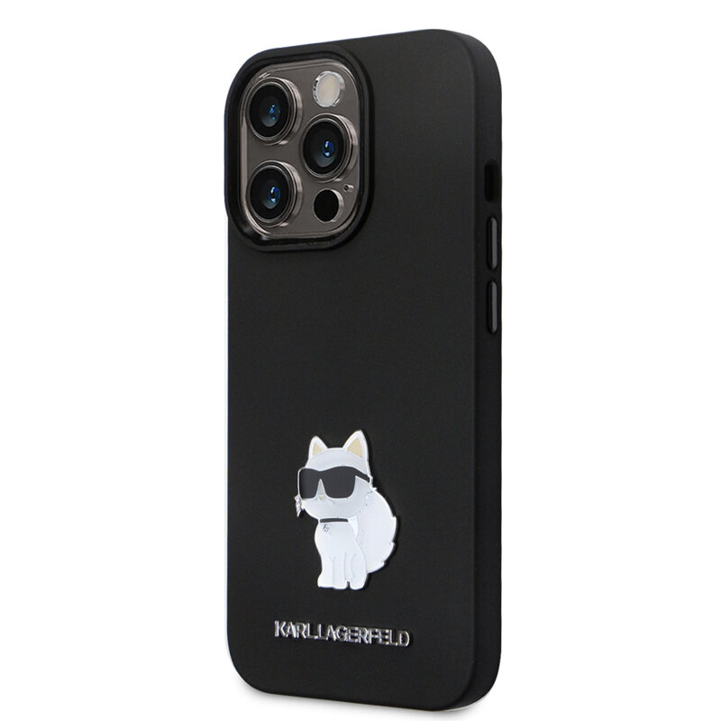 Husa Karl Lagerfeld iPhone 14 Pro Silicone, Choupette Metal Pin, negru, KLHCP14LSMHCNPK