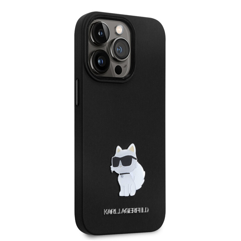 Husa Karl Lagerfeld iPhone 14 Pro Silicone, Choupette Metal Pin, negru, KLHCP14LSMHCNPK