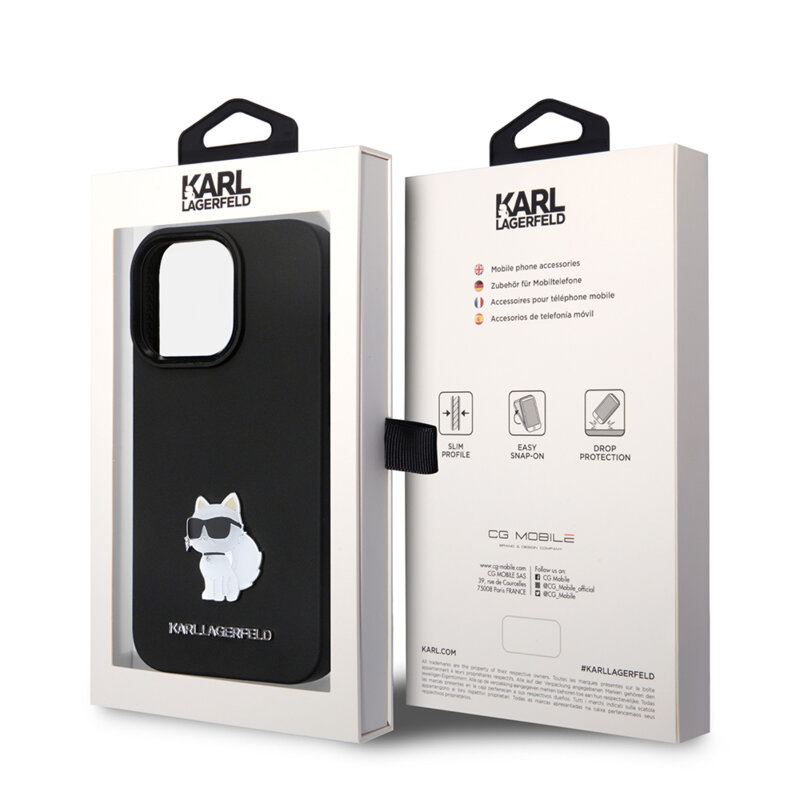 Husa Karl Lagerfeld iPhone 14 Pro Silicone, Choupette Metal Pin, negru, KLHCP14LSMHCNPK