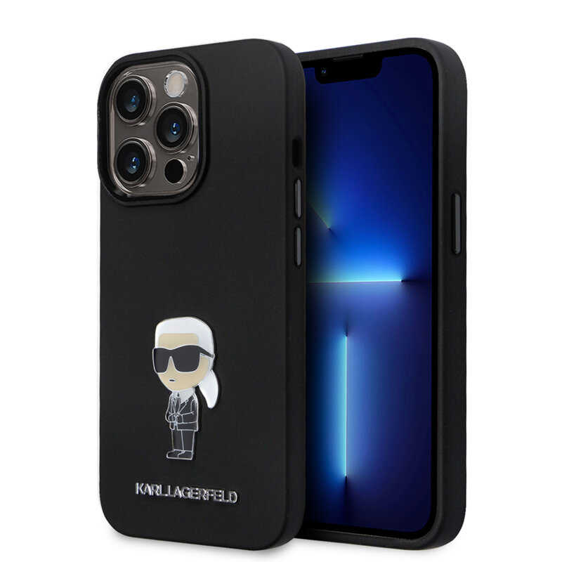 Husa Karl Lagerfeld iPhone 14 Pro Silicone, Ikonik Metal Pin, negru, KLHCP14LSMHKNPK