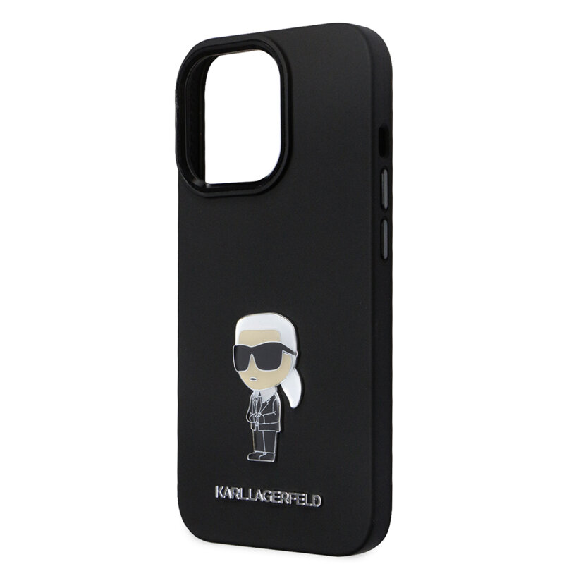 Husa Karl Lagerfeld iPhone 14 Pro Silicone, Ikonik Metal Pin, negru, KLHCP14LSMHKNPK