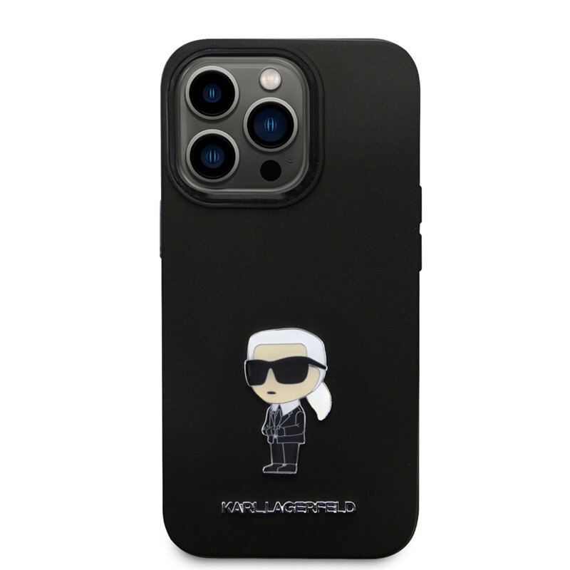 Husa Karl Lagerfeld iPhone 14 Pro Silicone, Ikonik Metal Pin, negru, KLHCP14LSMHKNPK