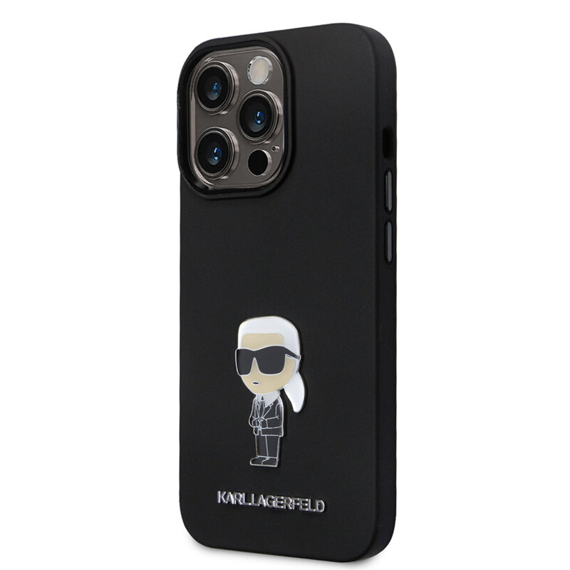 Husa Karl Lagerfeld iPhone 14 Pro Silicone, Ikonik Metal Pin, negru, KLHCP14LSMHKNPK