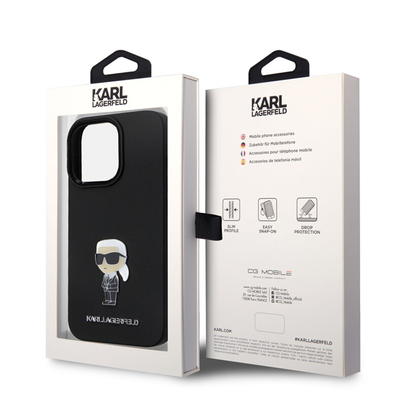 Husa Karl Lagerfeld iPhone 14 Pro Silicone, Ikonik Metal Pin, negru, KLHCP14LSMHKNPK