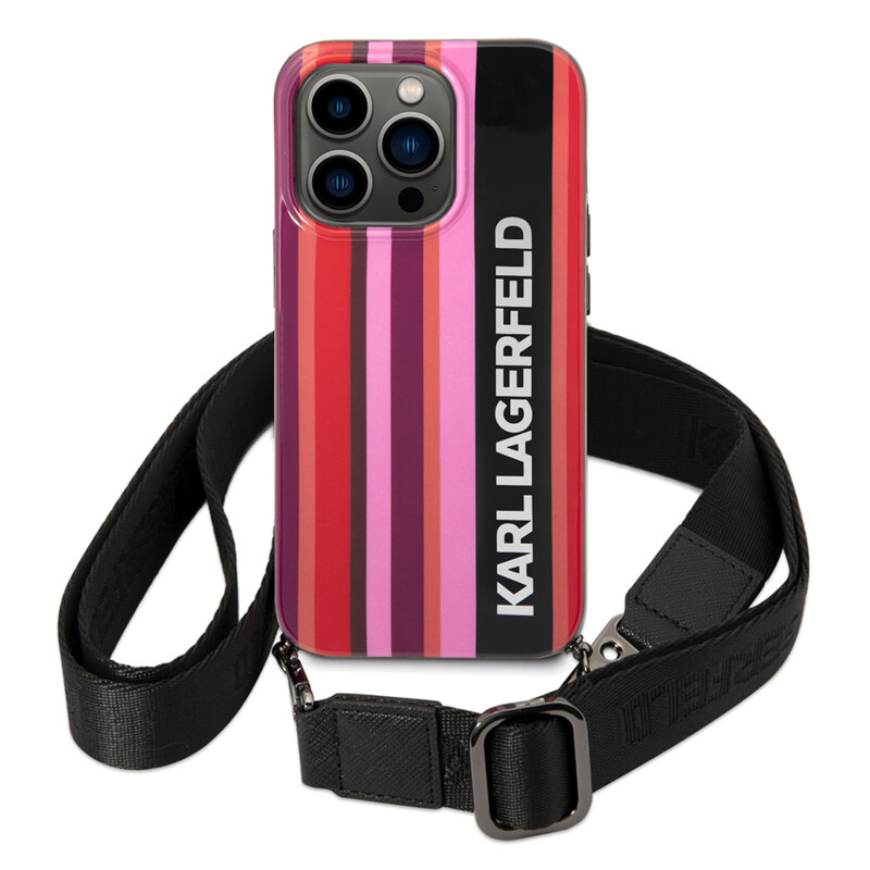 Husa iPhone 14 Pro Karl Lagerfeld Hardcase cu snur, Color Stripes, roz, KLHCP14LSTSTP