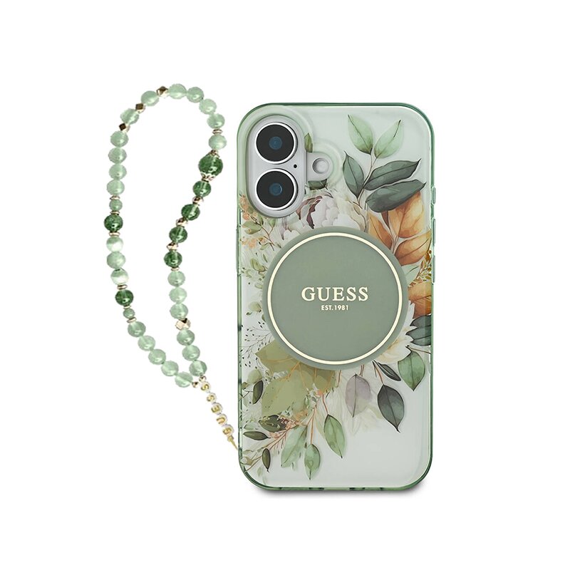Husa iPhone 16 Plus originala Guess IML Flowers with Pearl Strap MagSafe, verde, GUHMP16MHFWBRCESN