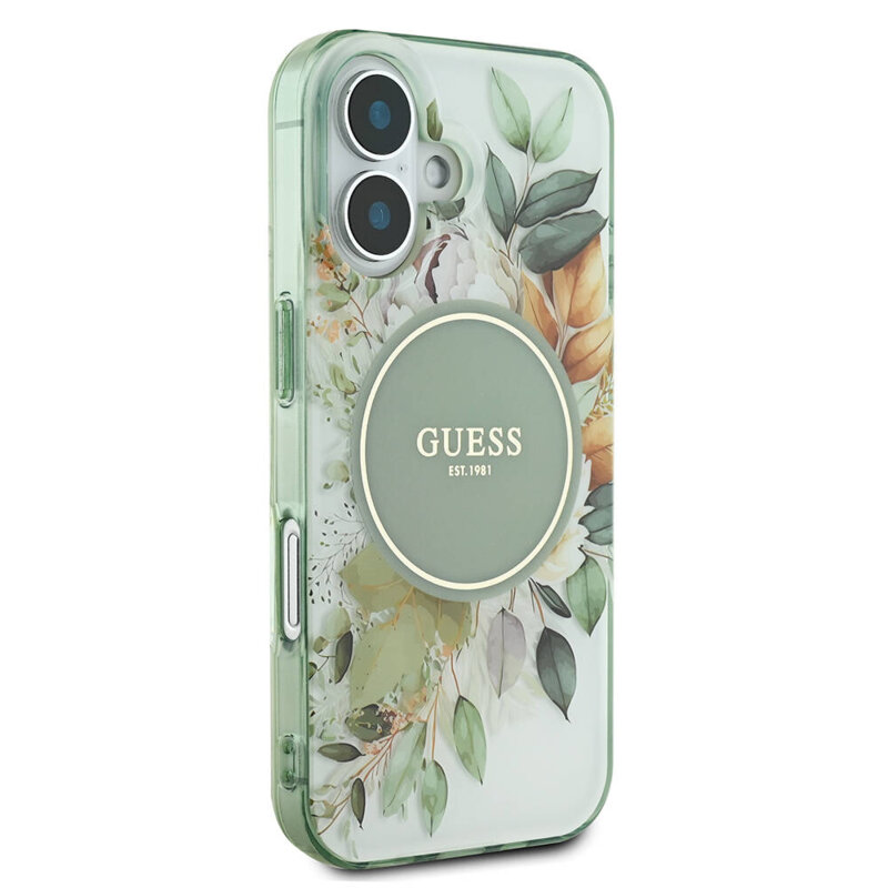 Husa iPhone 16 Plus originala Guess IML Flowers with Pearl Strap MagSafe, verde, GUHMP16MHFWBRCESN