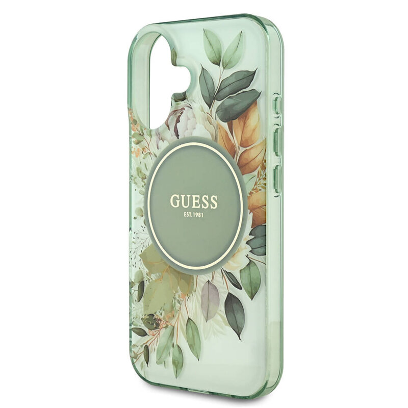 Husa iPhone 16 Plus originala Guess IML Flowers with Pearl Strap MagSafe, verde, GUHMP16MHFWBRCESN