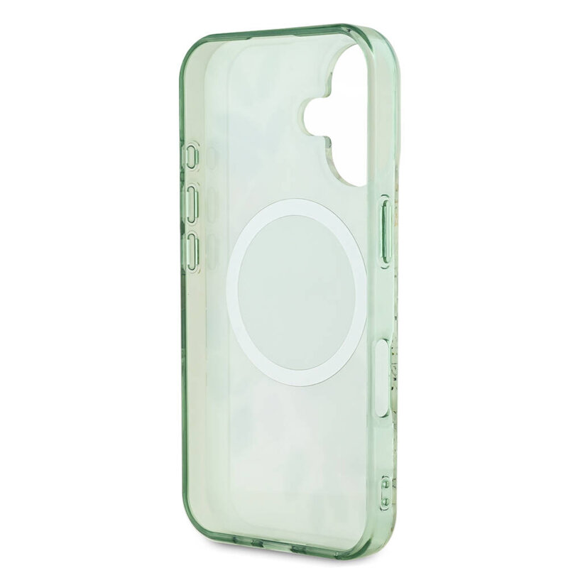 Husa iPhone 16 Plus originala Guess IML Flowers with Pearl Strap MagSafe, verde, GUHMP16MHFWBRCESN