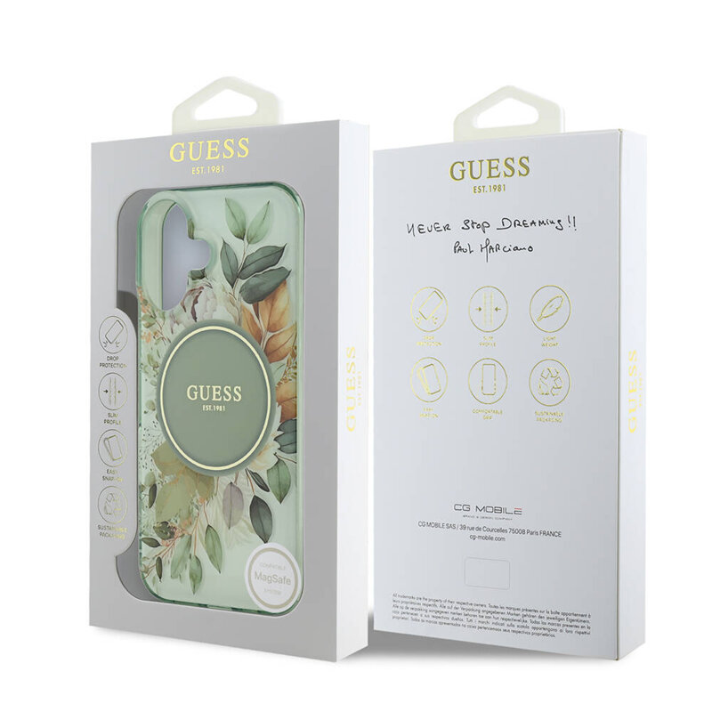 Husa iPhone 16 Plus originala Guess IML Flowers with Pearl Strap MagSafe, verde, GUHMP16MHFWBRCESN