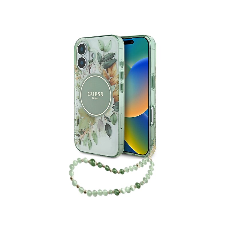 Husa iPhone 16 originala Guess IML Flowers with Pearl Strap MagSafe, verde, GUHMP16SHFWBRCESN