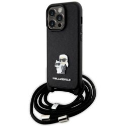 Husa iPhone 14 Pro Karl Lagerfeld Saffiano Crossbody, Metal Pin Karl&Choupette, negru, KLHCP14LSAKCPSK