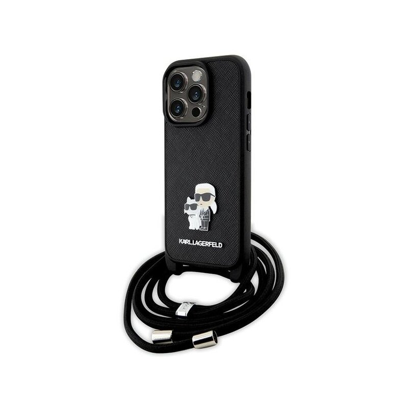 Husa iPhone 14 Pro Karl Lagerfeld Saffiano Crossbody, Metal Pin Karl&Choupette, negru, KLHCP14LSAKCPSK