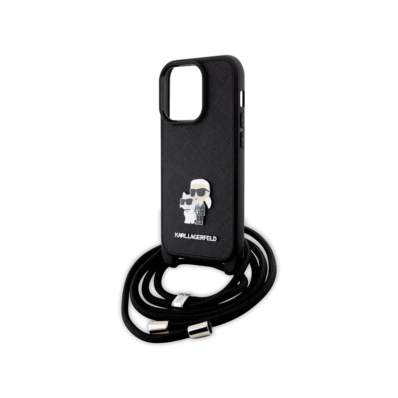Husa iPhone 14 Pro Karl Lagerfeld Saffiano Crossbody, Metal Pin Karl&Choupette, negru, KLHCP14LSAKCPSK