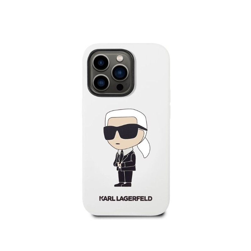 Husa Karl Lagerfeld iPhone 14 Pro Silicone, Ikonik, alb, KLHCP14LSNIKBCH
