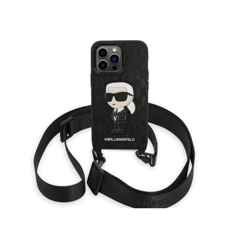 Husa iPhone 14 Pro Karl Lagerfeld Hardcase Monogram, Ikonik Patch, negru, KLHCP14LSTKMK