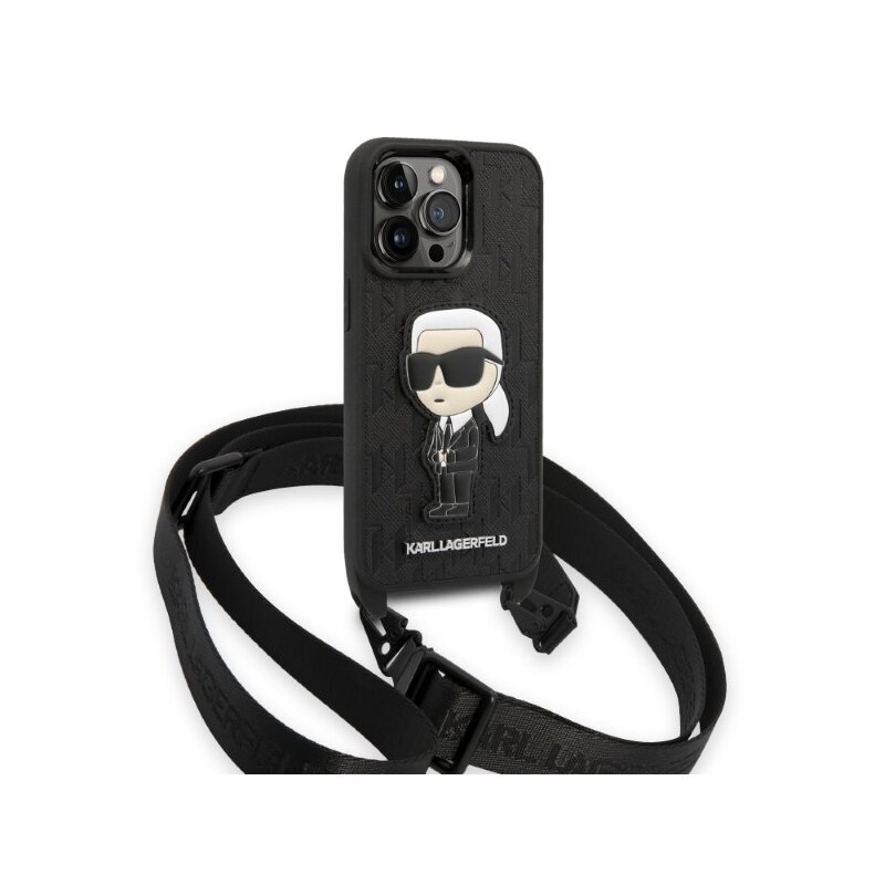 Husa iPhone 14 Pro Karl Lagerfeld Hardcase Monogram, Ikonik Patch, negru, KLHCP14LSTKMK