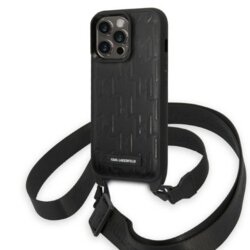 Husa iPhone 14 Pro Karl Lagerfeld Hardcase cu snur, Monogram Plaque Logo, negru, KLHCP14LSTMMK