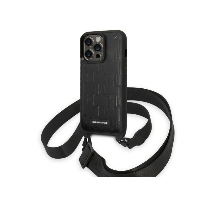 Husa iPhone 14 Pro Karl Lagerfeld Hardcase cu snur, Monogram Plaque Logo, negru, KLHCP14LSTMMK