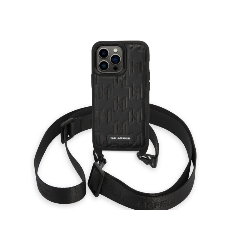 Husa iPhone 14 Pro Karl Lagerfeld Hardcase cu snur, Monogram Plaque Logo, negru, KLHCP14LSTMMK