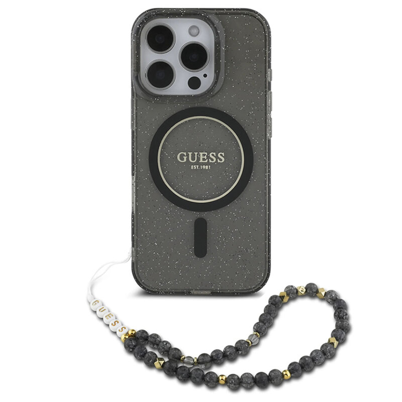 Husa iPhone 16 Pro originala Guess IML Glitter with Pearl Strap MagSafe, negru, GUHMP16LHGCRELSK