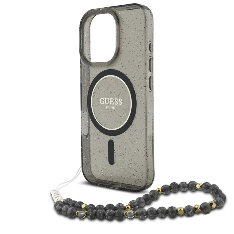 Husa iPhone 16 Pro originala Guess IML Glitter with Pearl Strap MagSafe, negru, GUHMP16LHGCRELSK