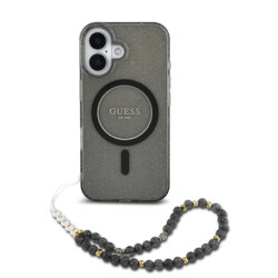 Husa iPhone 16 originala Guess IML Glitter with Pearl Strap MagSafe, negru, GUHMP16SHGCRELSK