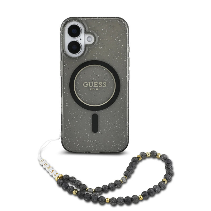 Husa iPhone 16 originala Guess IML Glitter with Pearl Strap MagSafe, negru, GUHMP16SHGCRELSK