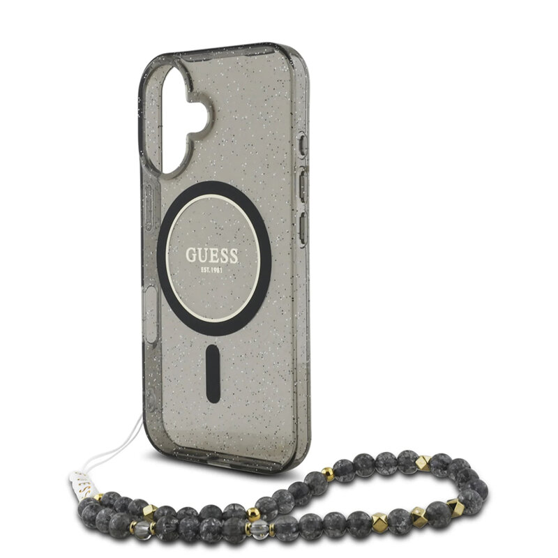 Husa iPhone 16 originala Guess IML Glitter with Pearl Strap MagSafe, negru, GUHMP16SHGCRELSK