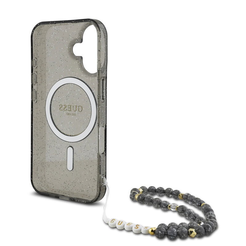 Husa iPhone 16 originala Guess IML Glitter with Pearl Strap MagSafe, negru, GUHMP16SHGCRELSK