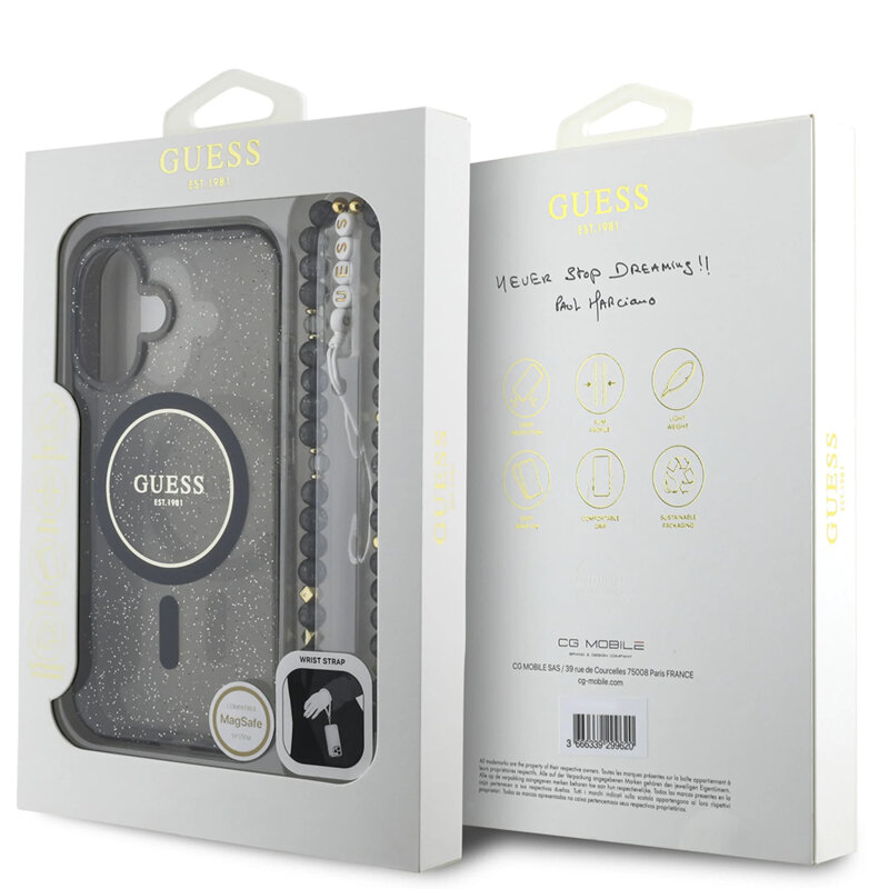 Husa iPhone 16 originala Guess IML Glitter with Pearl Strap MagSafe, negru, GUHMP16SHGCRELSK