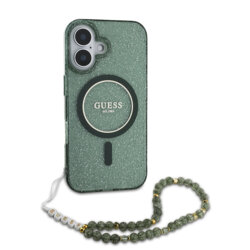 Husa iPhone 16 Plus originala Guess IML Glitter with Pearl Strap MagSafe, verde, GUHMP16MHGCRELSA